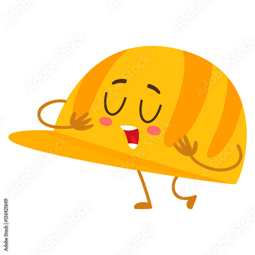 Funny builder hard hat, head protector, plastic helmet, cartoon vector illustration isolated on white background. Comic style hardhat, personal protective cap, helmet, hard hat