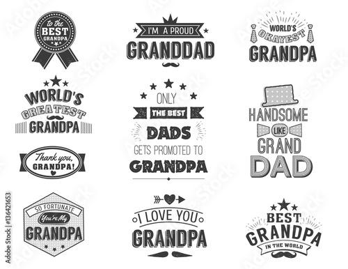 Isolated Grandfathers quotes on the white background. Grandpa congratulation label, badge vector collection. Granddads Mustache, hat, stars elements for your design
