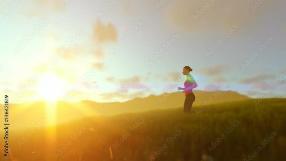 Woman running on green meadow panning, sunrise Woman running on green meadow panning, sunrise