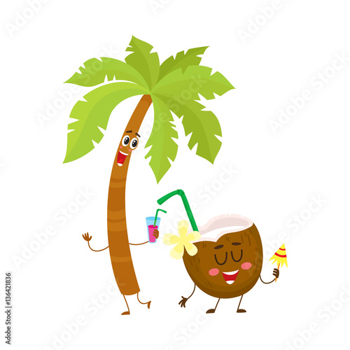 Funny palm tree and coconut characters, travelling, summer vacation symbol, cartoon vector illustration isolated on white background. Palm tree and coconut characters, mascots, holiday concept