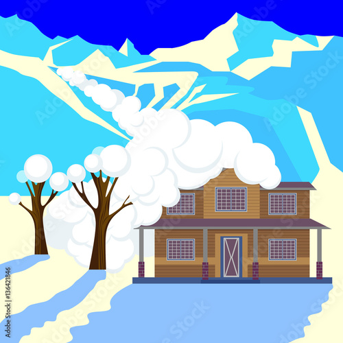 Snow avalanche in mountains covered cottage roof and trees.
