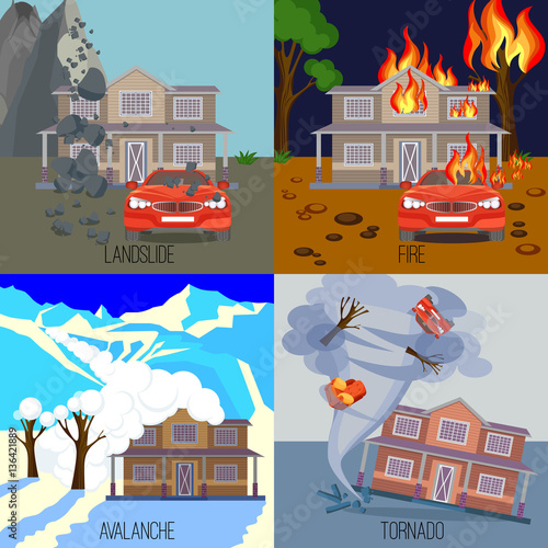 Set of natural disasters banners landslide, fire, avalanche, tornado