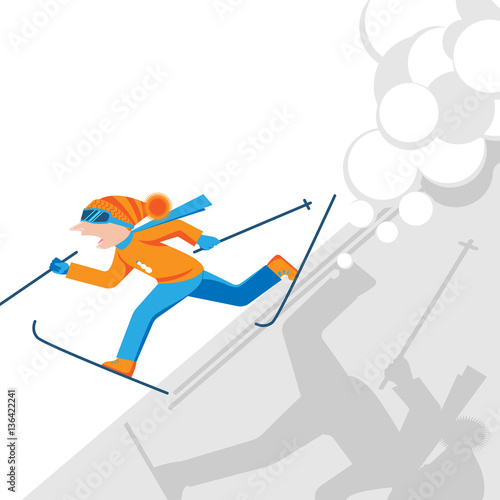 Man escaping from snow avalanche in mountains. Snowslide or snowslip