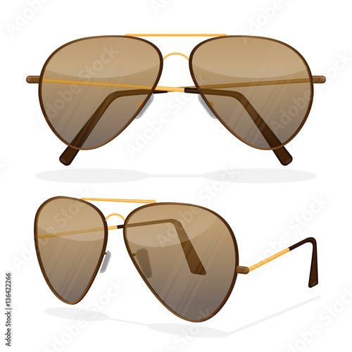 Aviator sunglasses isolated on white. Dark brown reflective lense