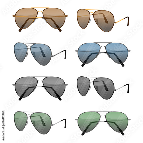 Aviator sunglasses isolated on white. Dark brown reflective lense