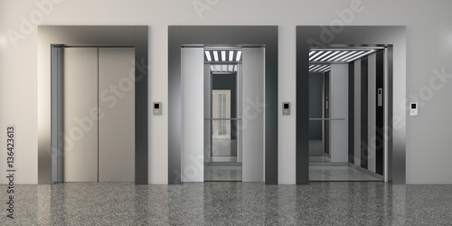 Modern metal elevator with open doors, hall interior photo