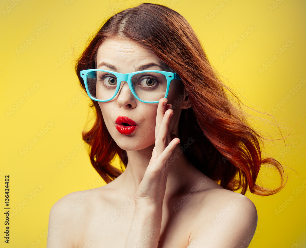 happy woman in glasses with blue rim happy woman in glasses with blue rim