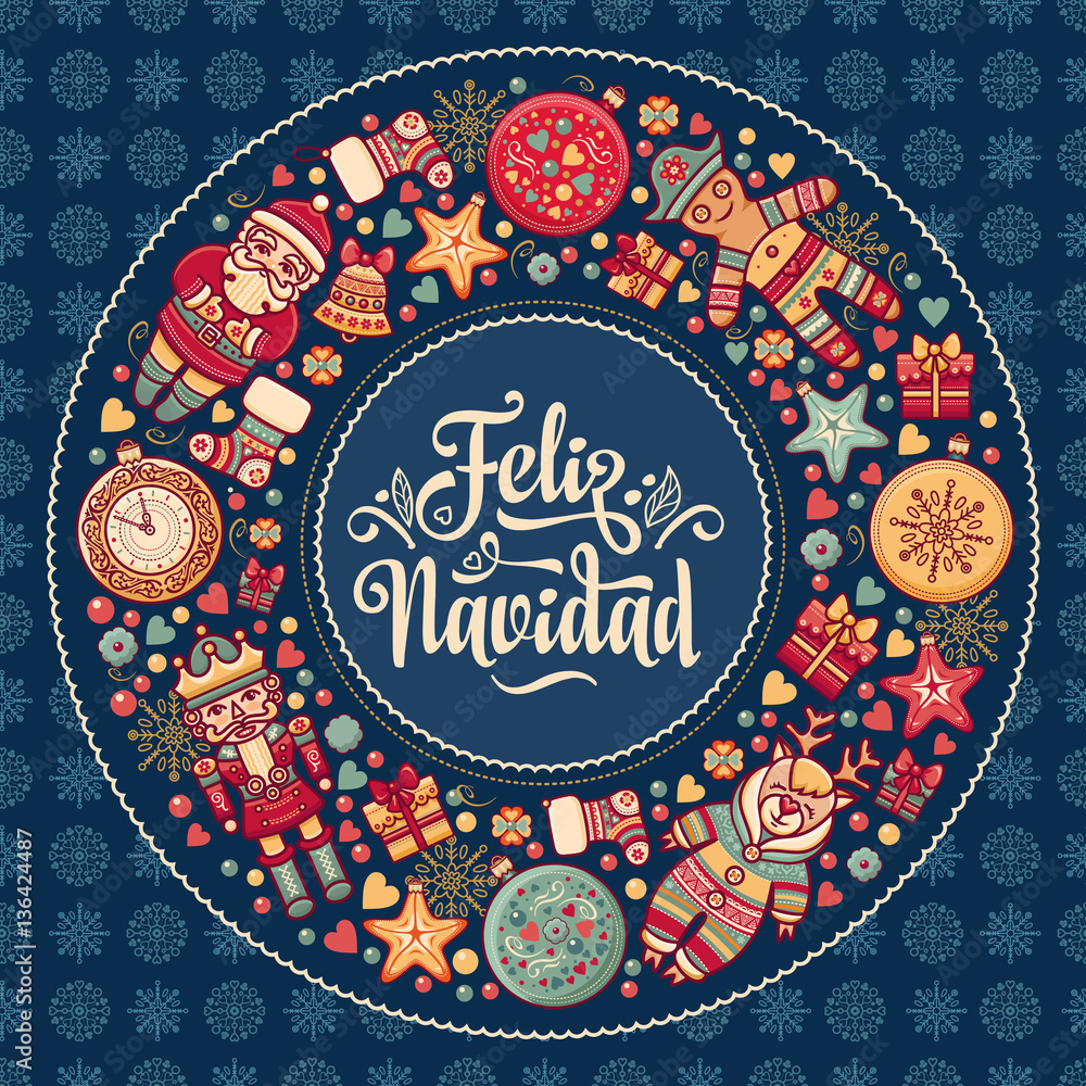 Feliz navidad. Xmas card on Spanish language. Warm wishes for happy holidays