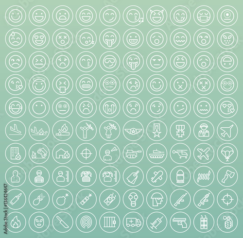Set of 100 Isolated Minimal Modern Simple Elegant White Stroke Icons on Circles on Color Background ( Emoticons , War and Terrorism )