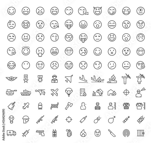 Set of 100 Isolated Minimal Modern Simple Elegant Black Stroke Icons on Circles on White Background ( Emoticons , War and Terrorism )