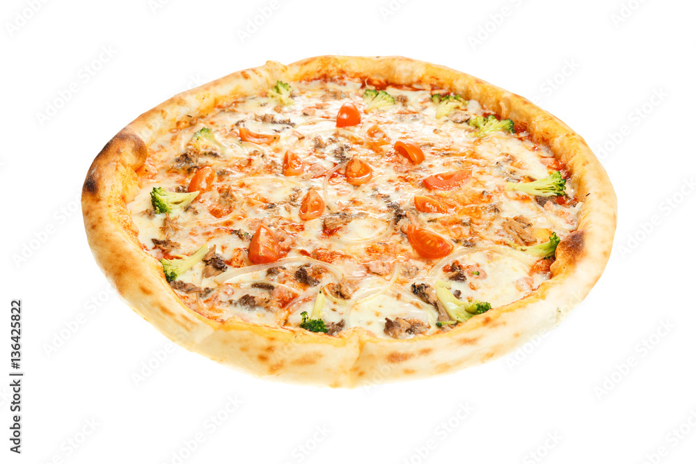 Delicious classic italian Pizza with shrimps, tomatoes and cheese