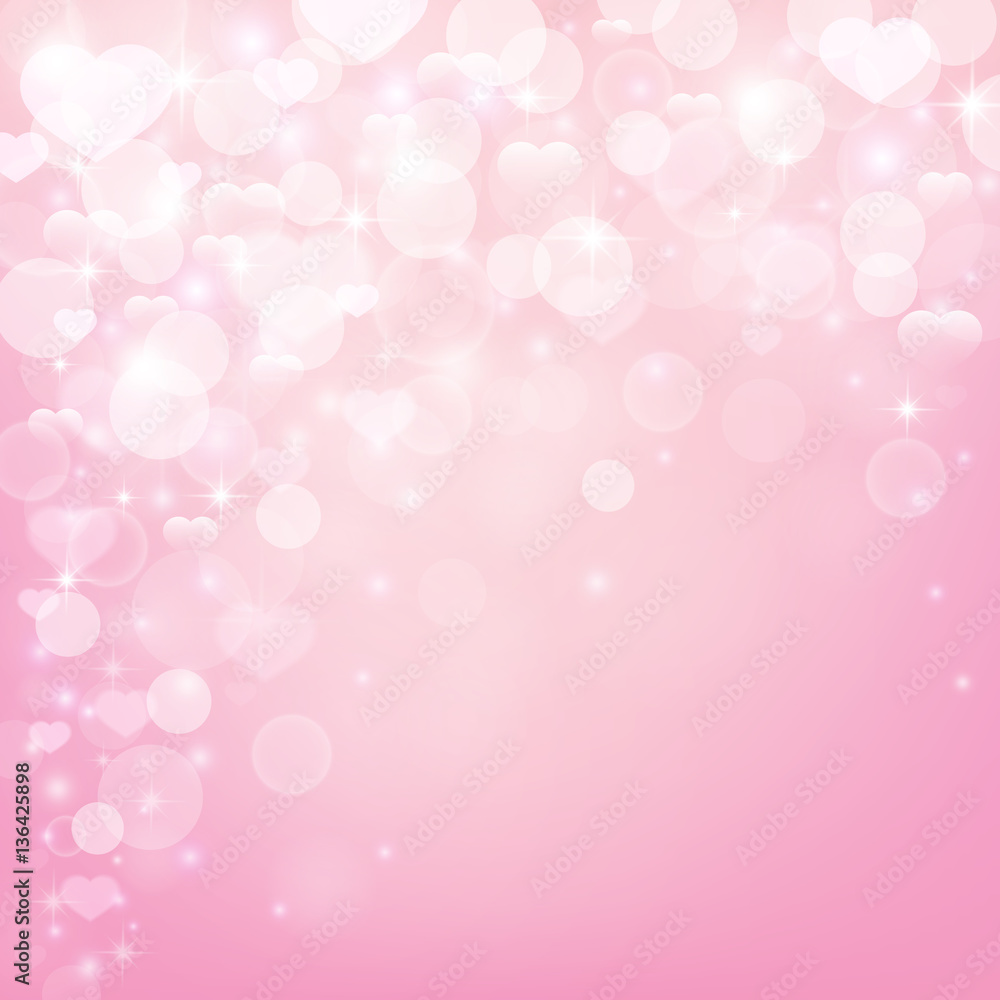 Romantic background with hearts, bokeh lights, stars and sparkles. Vector illustration.