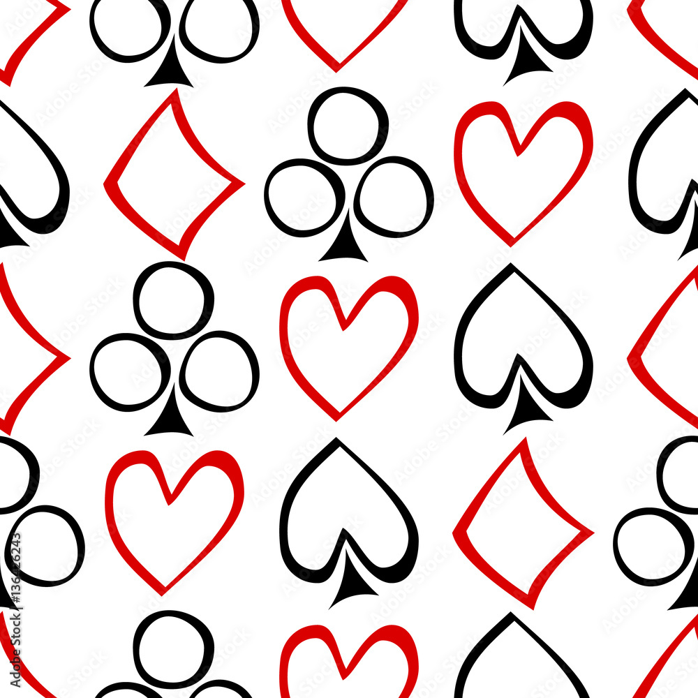 Seamless vector pattern with icons of playings cards. background with hand drawn symbols. Decorative repeat ornament. Series of Gaming and Gambling Seamless vector Patterns. Seamless vector pattern with icons of playings cards. background with hand drawn symbols. Decorative repeat ornament. Series of Gaming and Gambling Seamless vector Patterns.
