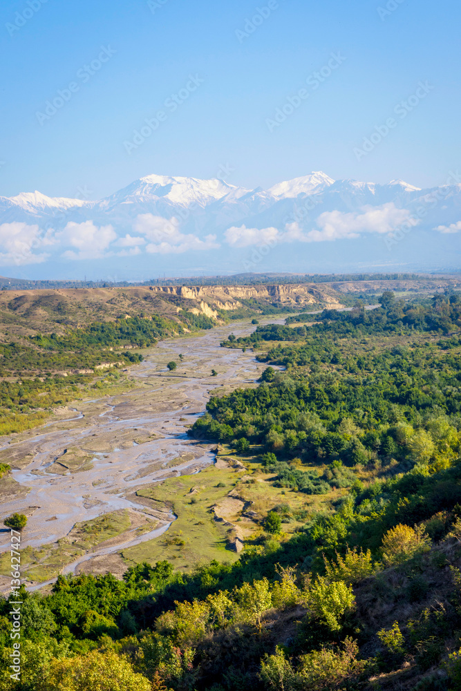 River, meadow and snowy mountains, Azerbaijan