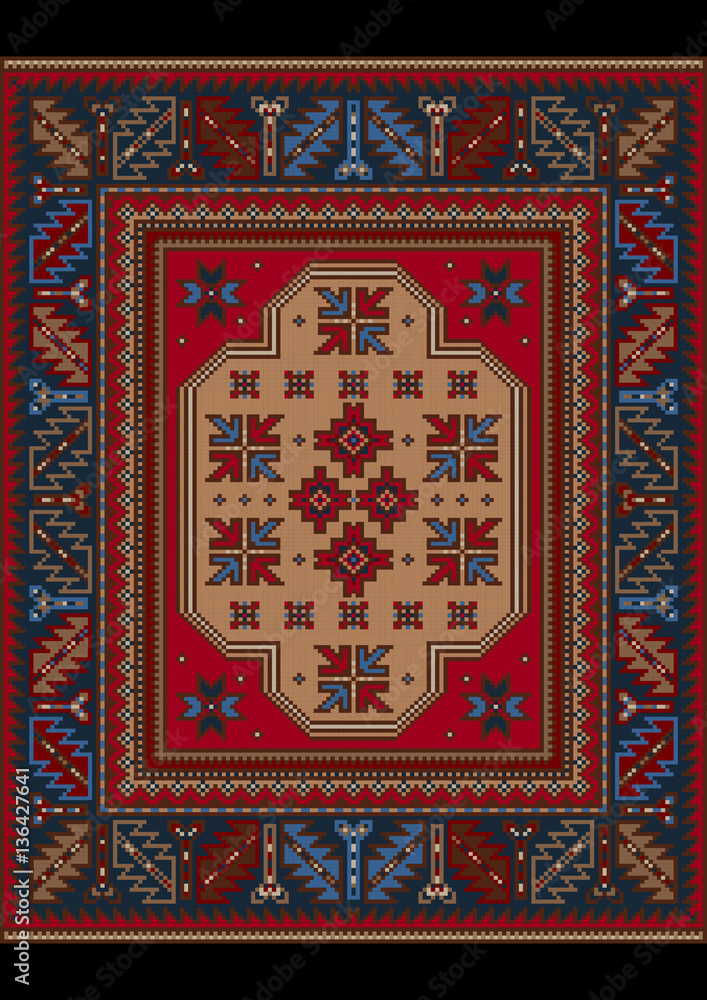 Luxury vintage carpet with  ethnic  ornament in red and blue colors



