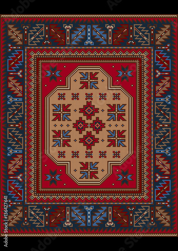 Luxury vintage carpet with  ethnic  ornament in red and blue colors


