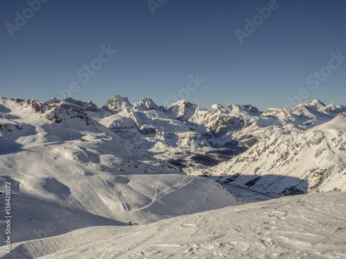 Astun ski resort winter landscape in Pyrenees Spain, 