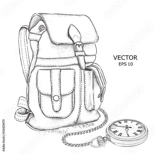Hand drawn Vector Backpack and pocket watch on a chain. It's time to travel Concept.  Vector illustration