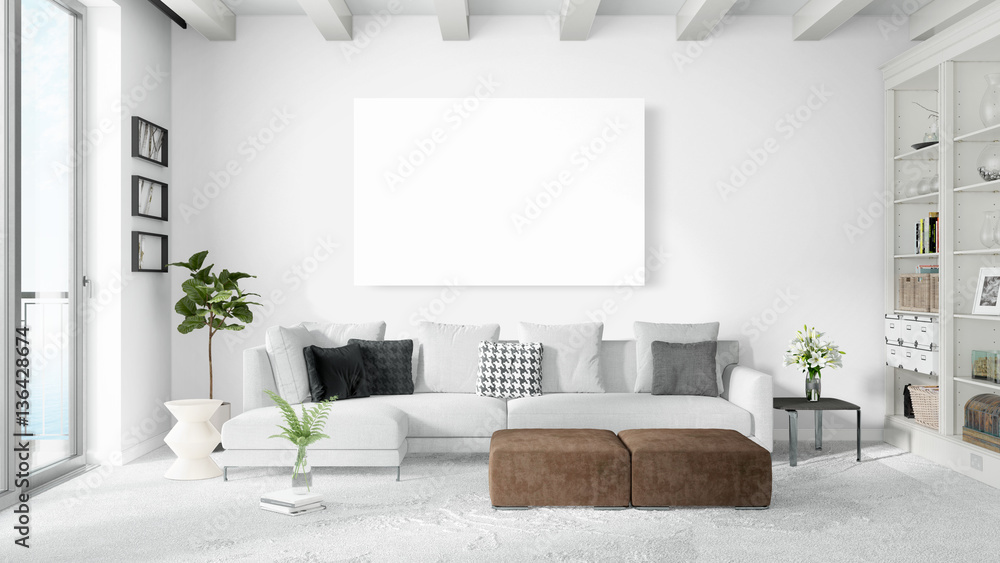 Modern bright interior with empty frame . 3D rendering Modern bright interior with empty frame . 3D rendering