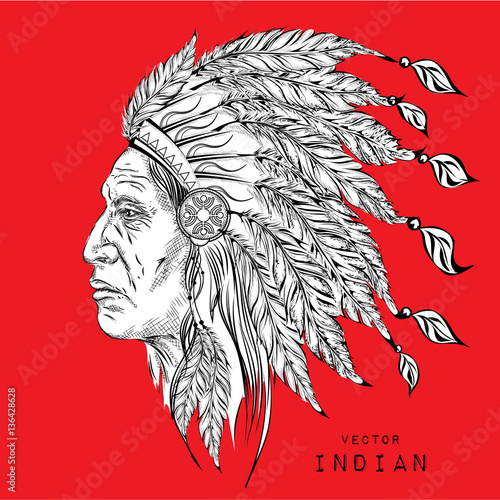 Man in the Native American Indian chief. Black roach. Indian feather headdress of eagle. Hand draw vector illustration