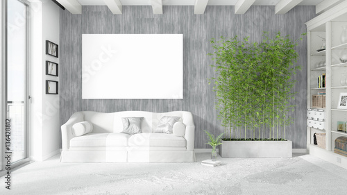 Modern bright interior with empty frame . 3D rendering © Roman King