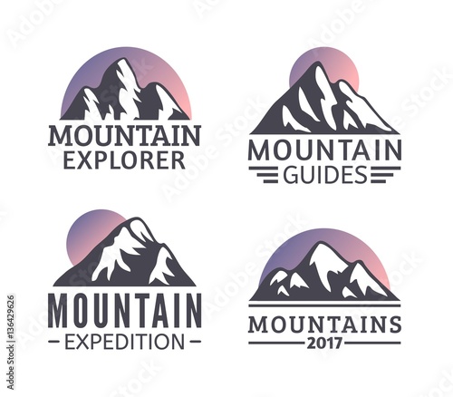 Hand drawn Mountains Logo set. Ski Resort vector icons, mountain silhouette elements