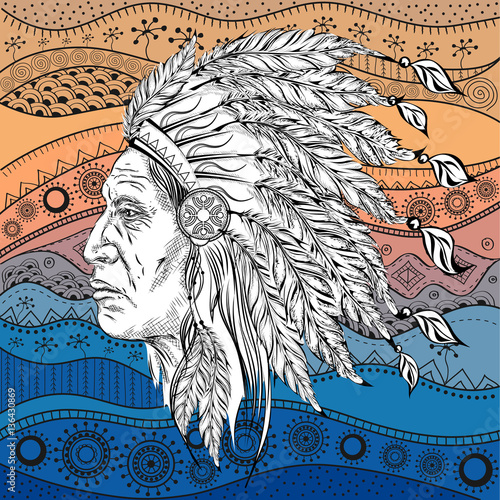 Man in the Native American Indian chief on ethno pattern, tribal background. Indian feather headdress of eagle. Hand draw vector illustration