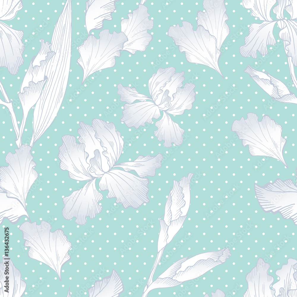 Fototapeta premium Floral seamless pattern with hand drawn iris flowers. Summer floral background on polka dots. Seamless background for textile, paper, decoration and wrapping