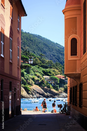 Narrow alley and the Beach of Sestri Levante, Liguria, Italy