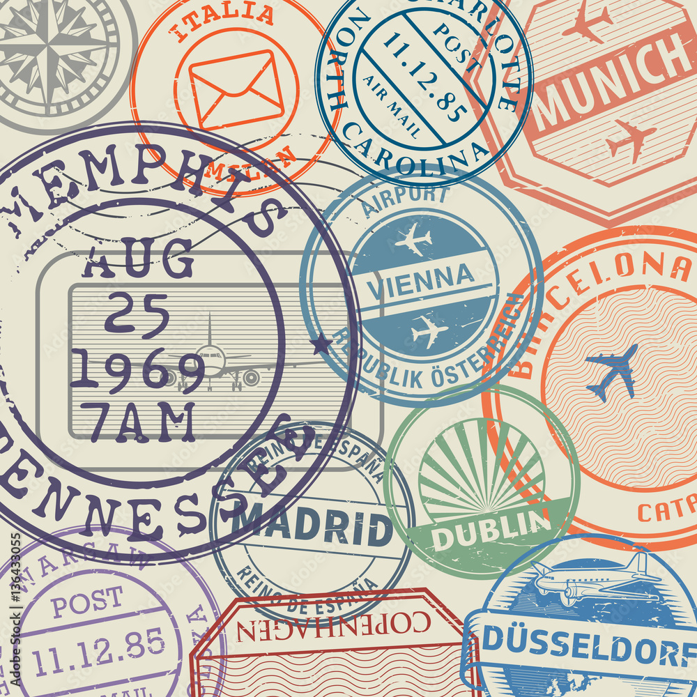 Travel stamps or adventure symbols set or background