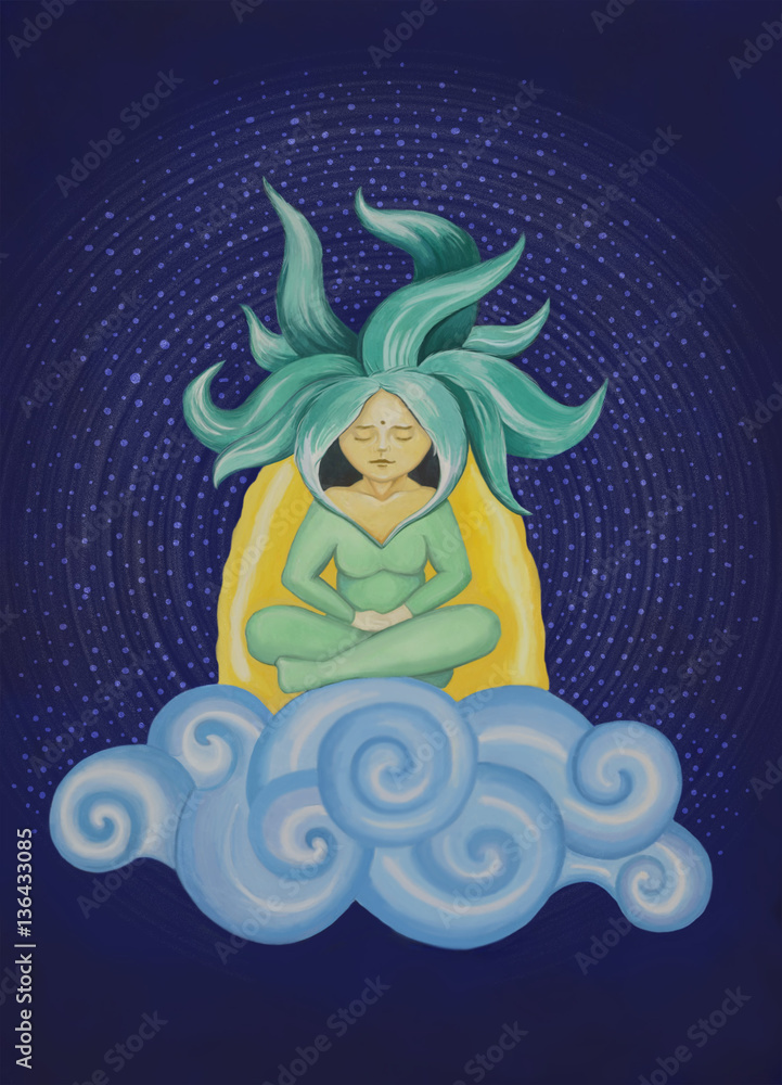  girl with green hair in a lotus position on the blue clouds
