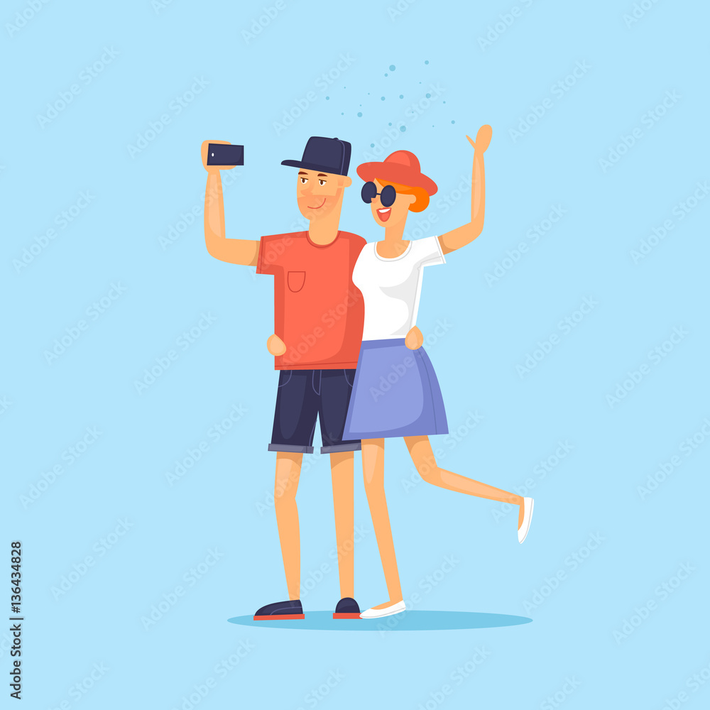 Couple of tourist together on a trip. Selfi-es. Character design. World Travel. Planning summer vacations. Flat design vector illustration. Couple of tourist together on a trip. Selfi-es. Character design. World Travel. Planning summer vacations. Flat design vector illustration.