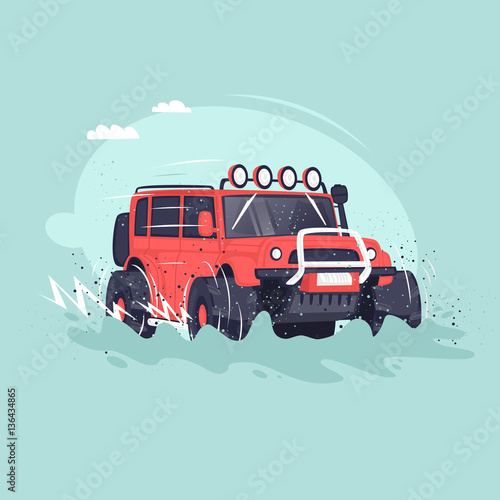Off-road. Competitions on Suvs. Flat vector illustration in cartoon style.