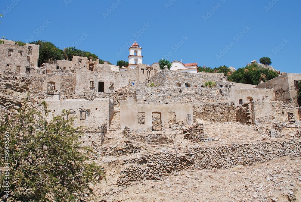 The ruins of the abandoned village of Mikro Chorio on the Greek island of Tilos.