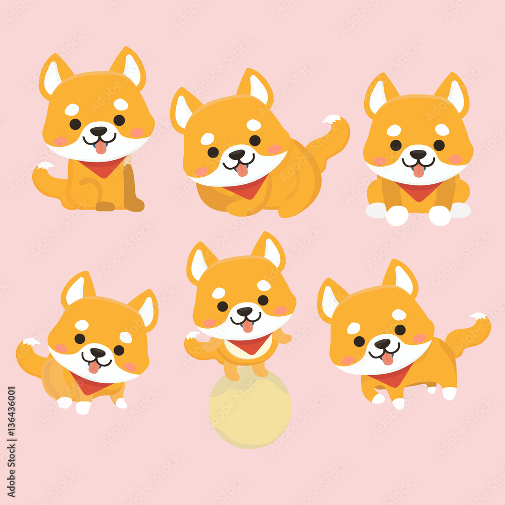 Shiba Inu Dog Cartoon Set Vector.
