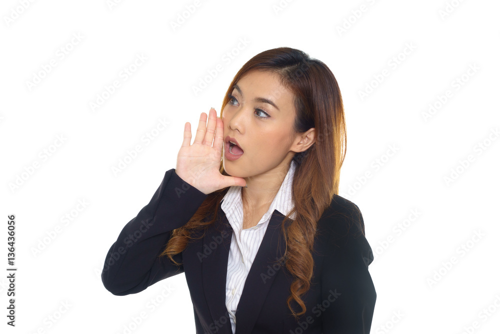 Portrait of woman speaking, shouting, communicating on white iso Portrait of woman speaking, shouting, communicating on white iso