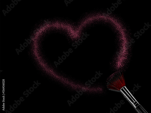 Illustration of make up brush with hearth shaped pink powder on black background