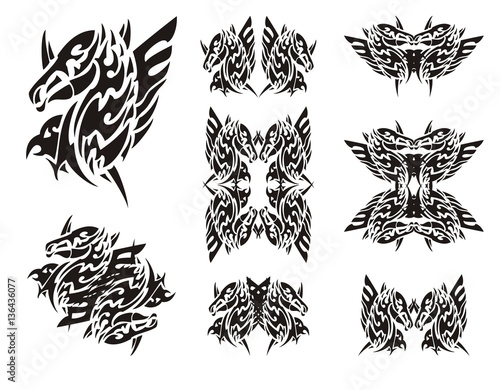 Winged horse-eagle symbols in tribal style. Abstract symbol in the form of the head of an eagle and the head of a horse. Double imaginary animal symbols in black and white options 