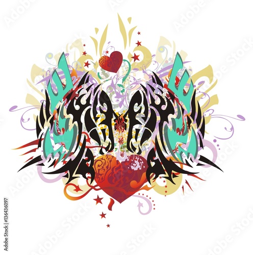Grunge double winged horse heads with red heart. Double imaginary animal symbol with red hearts with arrows, red asterisks, gold eagle wings and the floral twirled elements