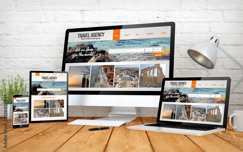 travel agency onlinewebsite screen multidevices - obrazy, fototapety, plakaty 
