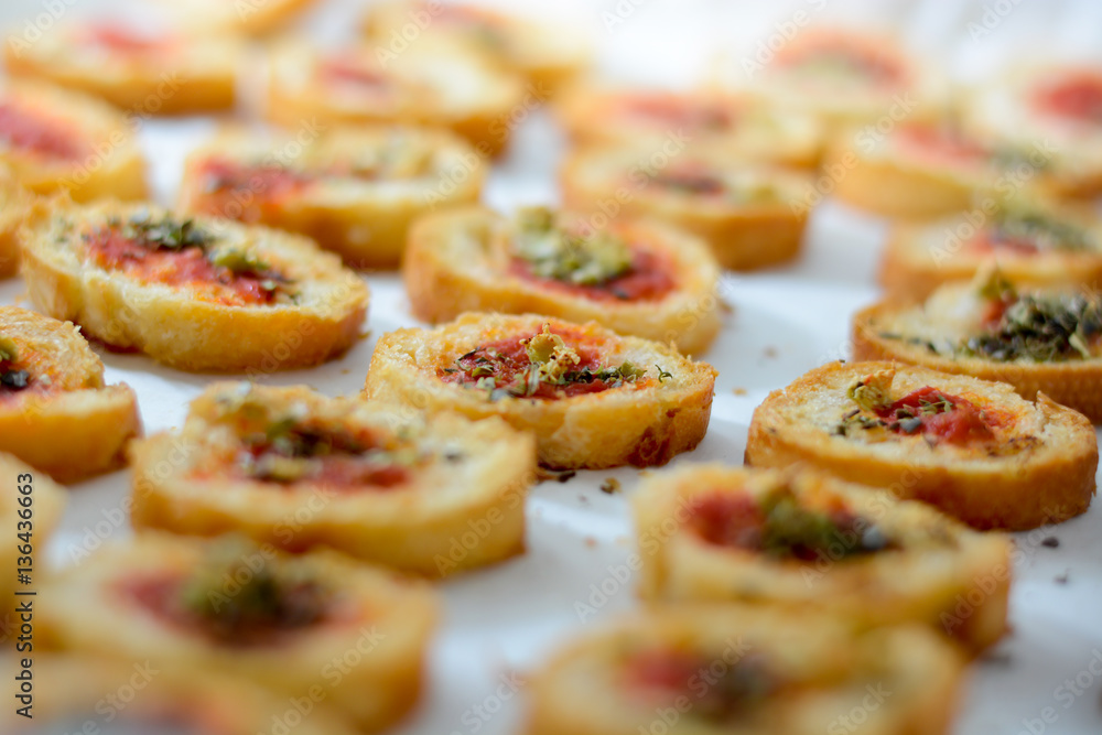 Light and delicious bruschetta appetizers with tomato and oregan