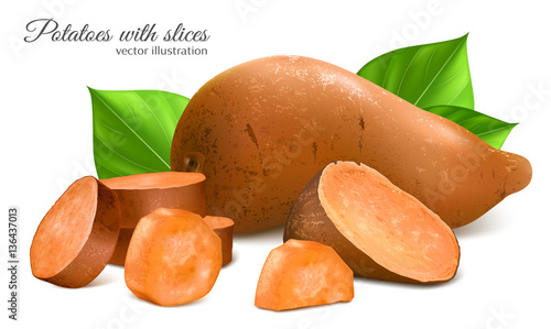Sweet potatoes with slices and leaves
