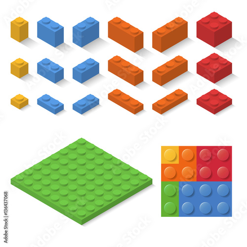 Set of isometric child constructor bricks. vector toy blocks collection. isolated colorful construct elements. build puzzle parts, flat design.