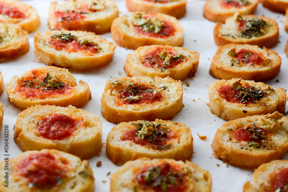 Light and delicious bruschetta appetizers with tomato and oregan
