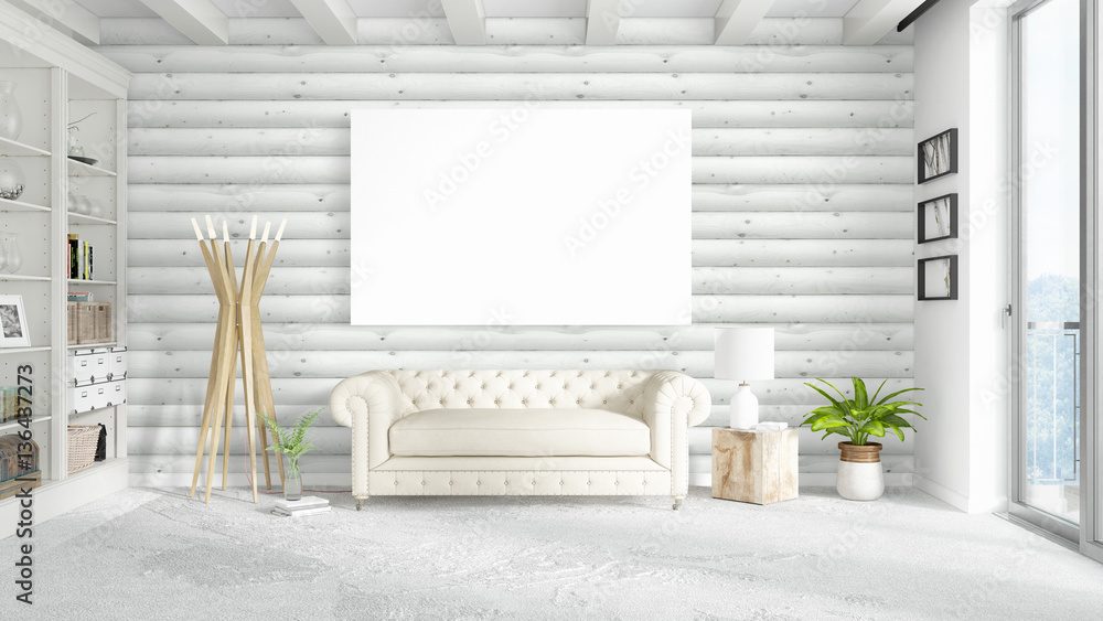 Fototapeta premium Modern bright interior with empty frame . 3D rendering