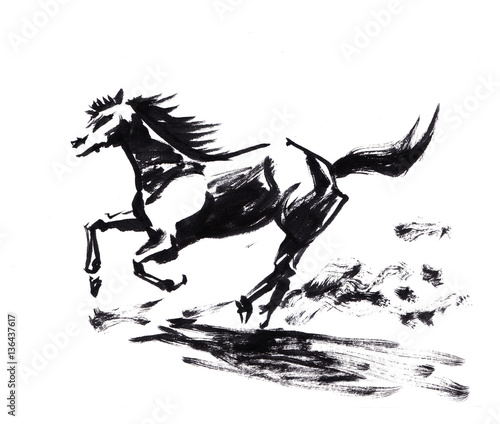 Fototapeta Naklejka Na Ścianę i Meble -  Horse running chinese brush painting, artistic caligraphy