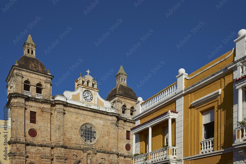 Facade of the historic Iglesia de San Pedro Claver in the Spanish colonial city of Cartagena in Colombia.