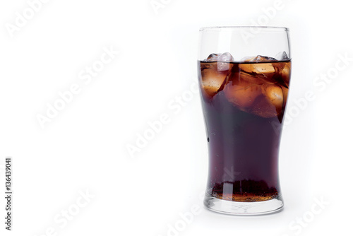 Ice cola with splashing, bubbles. Drink with ice