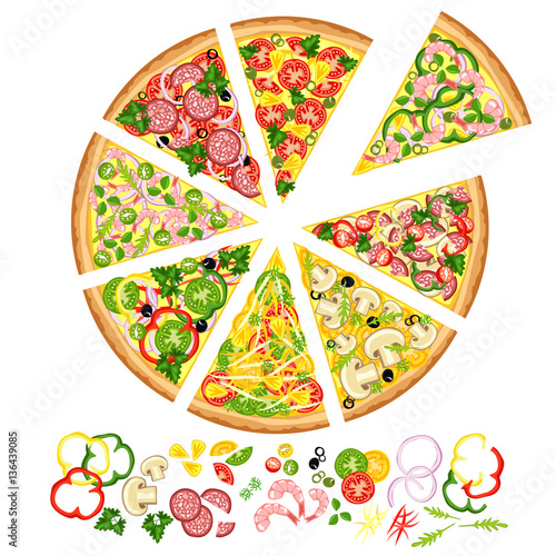 Slices of pizza with various ingredients.