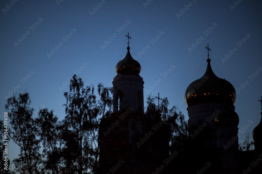 night sky, silhouette, chapel, cross, azure